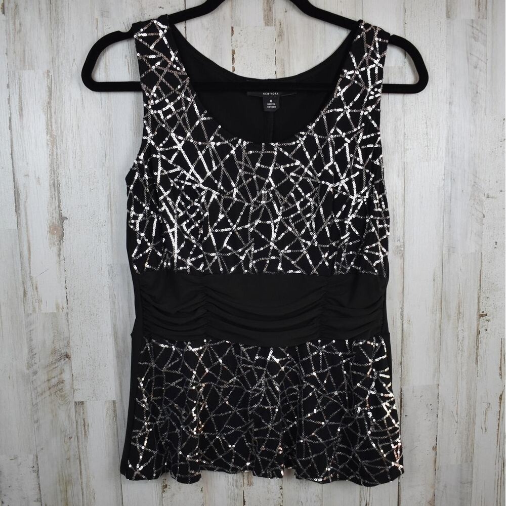 Sequin Tank Top Women's 8 Medium Black Silver Sparkly Shimmer Y2K Party Blouse